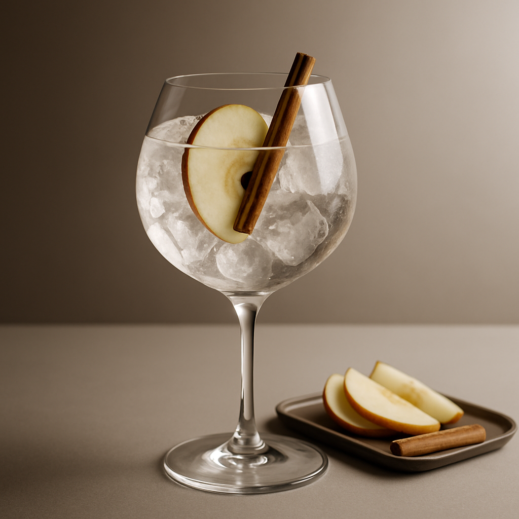 Le Gin de Christian Drouin servi avec Fentimans Valencian Orange Tonic Water, agrémenté de thin slice of fresh apple et small cinnamon stick