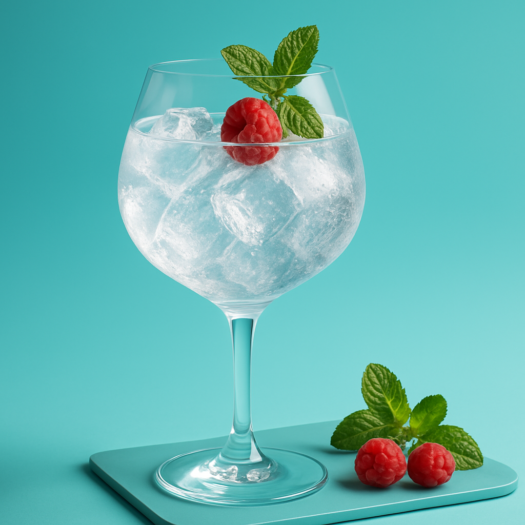 Le Gin de Namur served with Le Tribute Tonic Water, garnished with fresh raspberry and lightly bruised mint sprig
