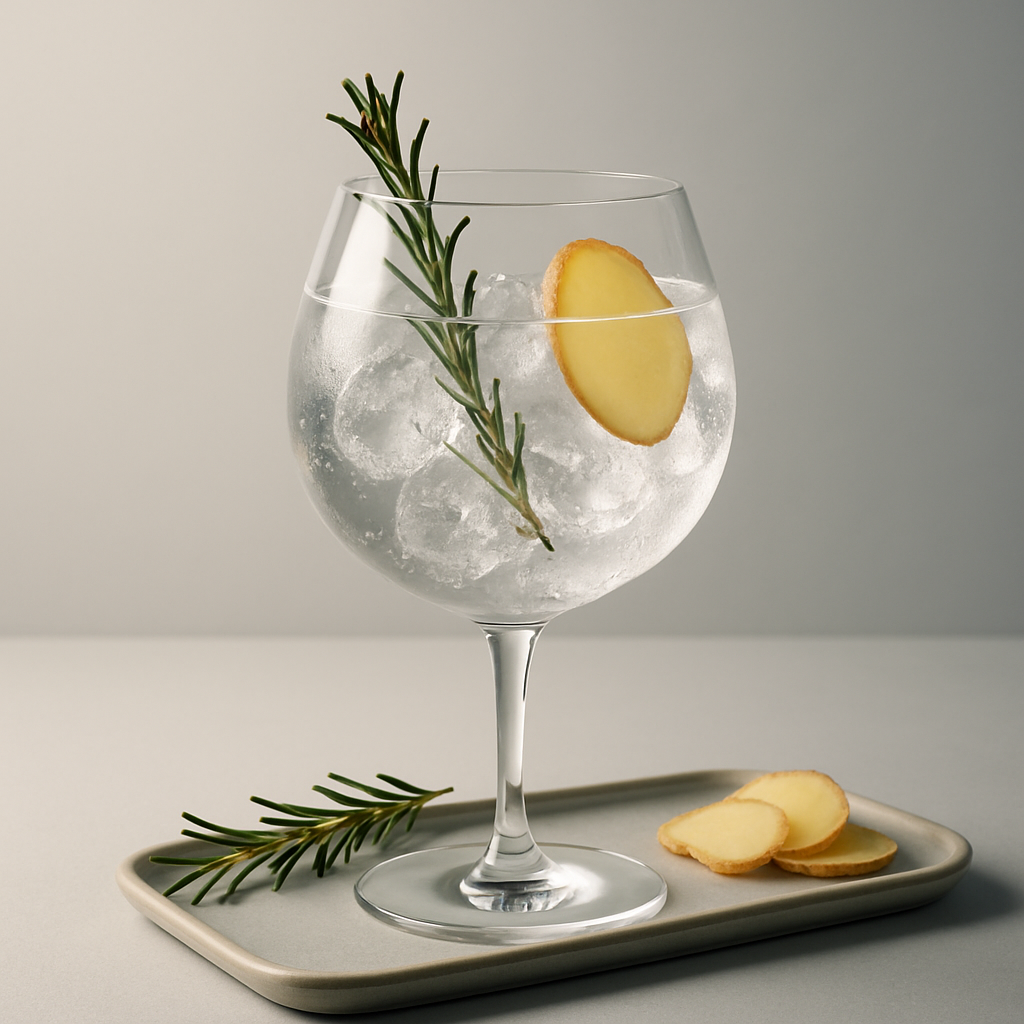 Leodium Community Edition served with Fever-Tree Mediterranean Tonic Water, garnished with Lightly singed rosemary sprig and Thin slice of fresh ginger