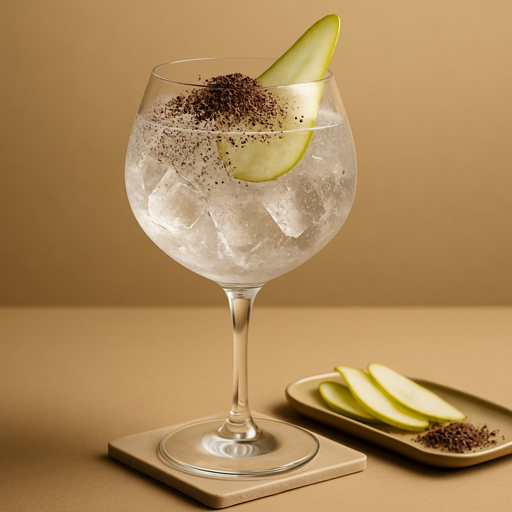LièGin Intense served with London Essence Pomelo & Pink Pepper Tonic, garnished with Thin slice of fresh pear and Light dusting of finely grated dark chocolate