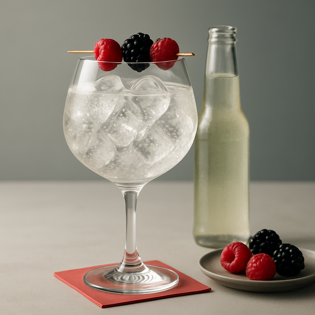 LièGin Original served with Fever-Tree Elderflower Tonic Water, garnished with Skewer of fresh red and black berries