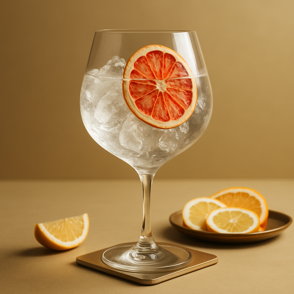 LièGin Val-Dieu served with London Essence Pomelo & Pink Pepper Tonic, garnished with thin slice of dehydrated grapefruit