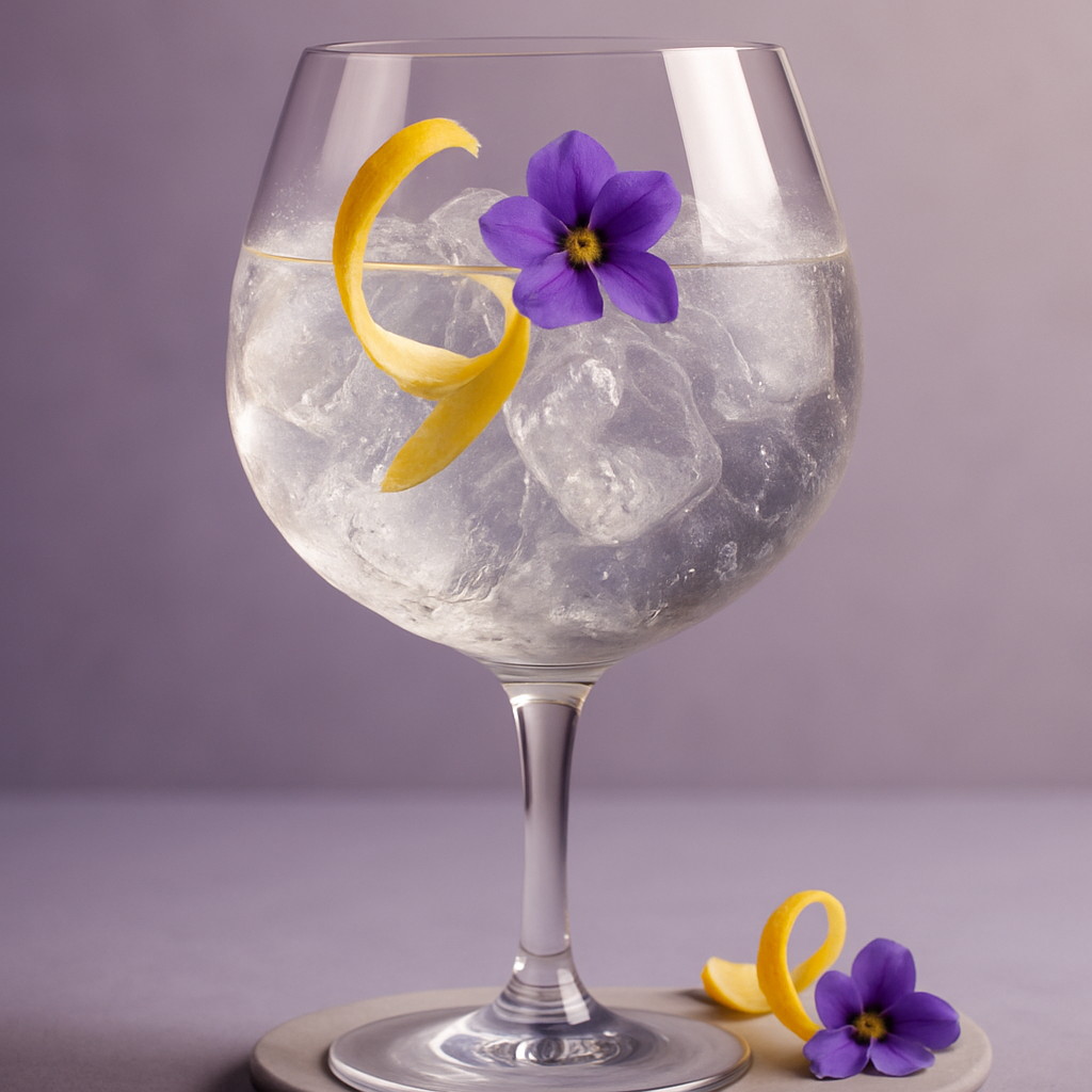 LièGin Violette served with Schweppes Premium Mixer Pink Pepper Tonic, garnished with Lemon zest twist and Violet flower