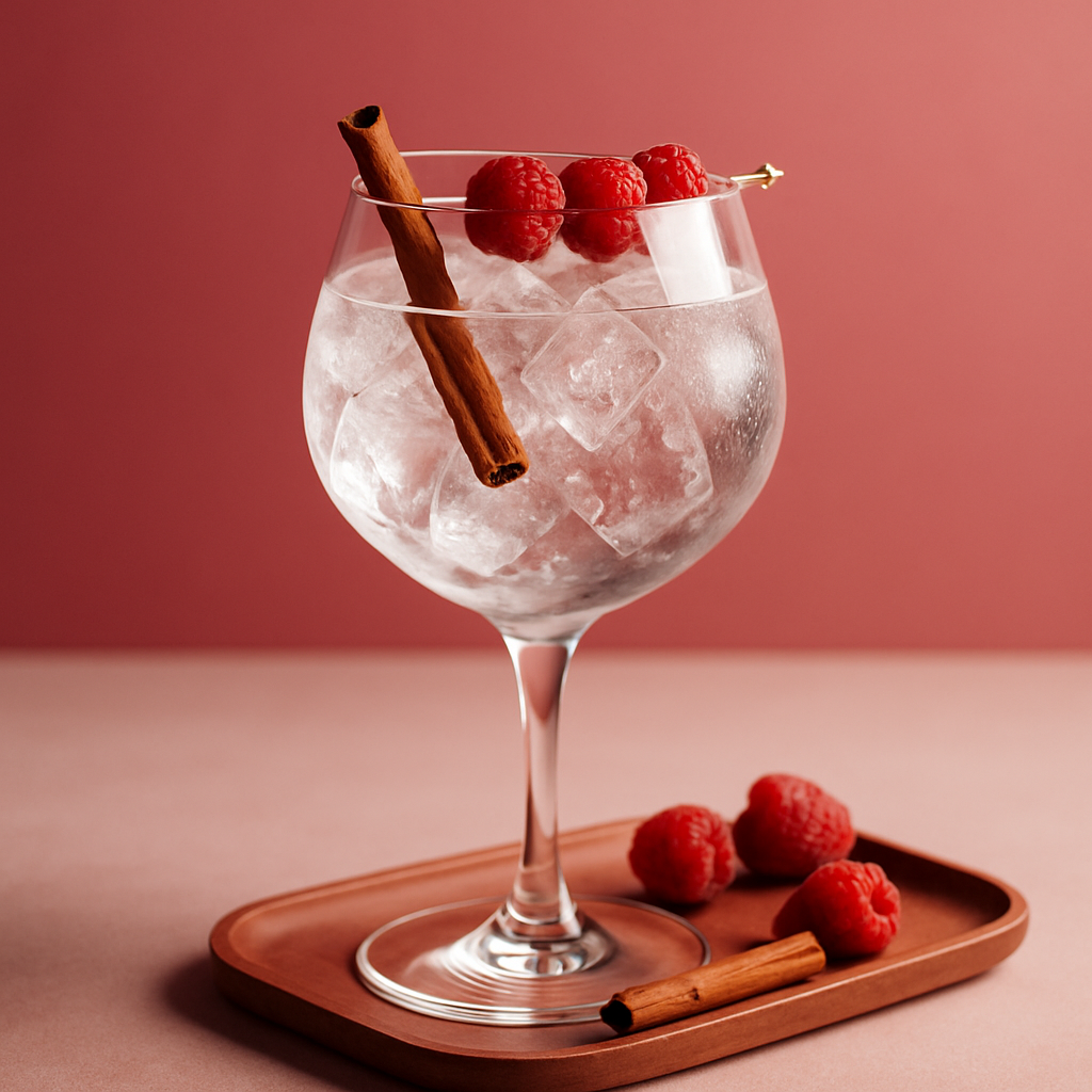 Loft House - Pink Gin served with Fentimans Pink Grapefruit Tonic Water, garnished with Skewer of fresh raspberries and Lightly singed cinnamon stick