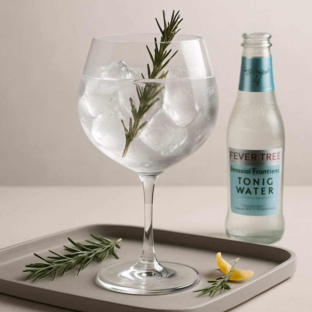 Louise Gin servi avec Fever-Tree Mediterranean Tonic Water, agrémenté de lightly singed rosemary sprig