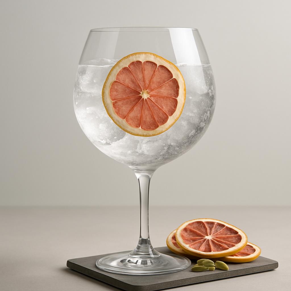 Lubuski Botanic Light served with Schweppes Tonic Water, garnished with thin slice of dehydrated grapefruit