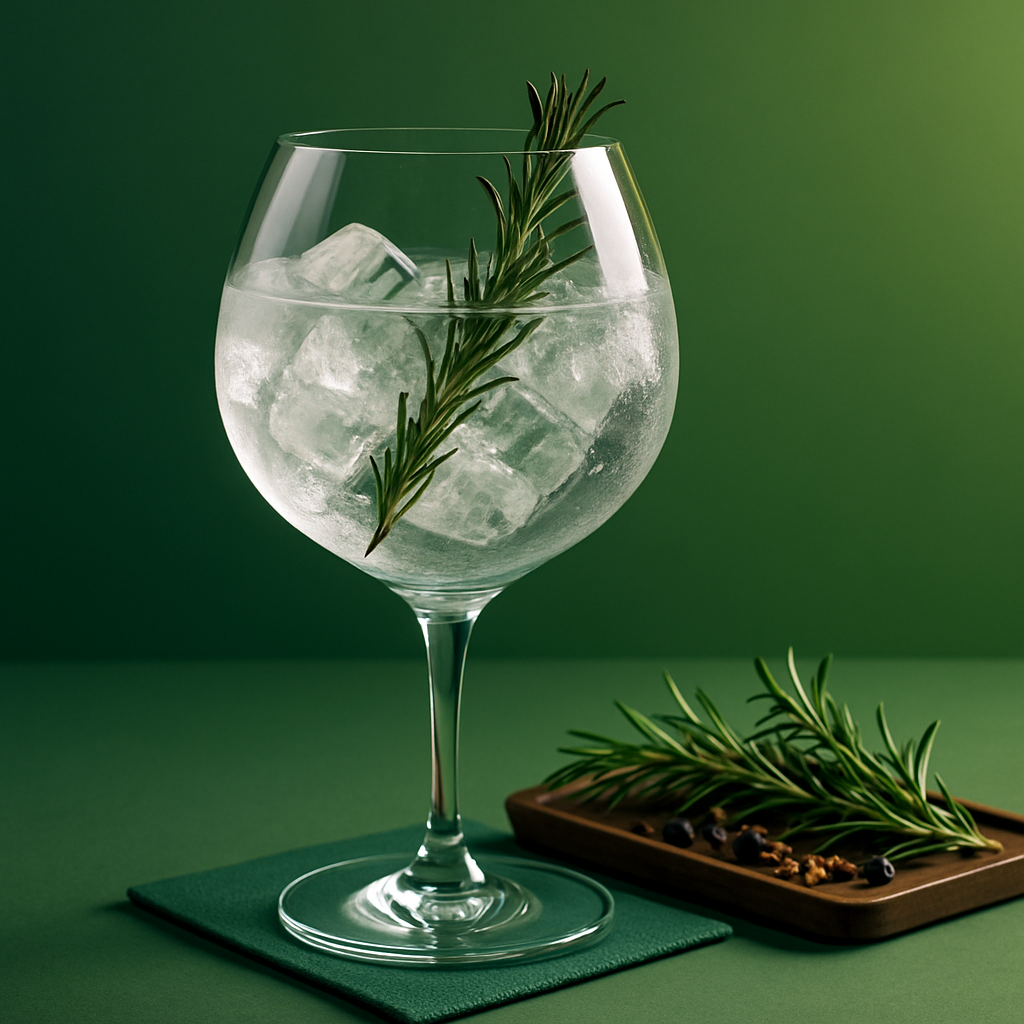 Lubuski Gin served with Fever-Tree Mediterranean Tonic Water, garnished with lightly singed rosemary sprig