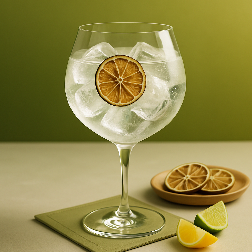 Lubuski Lime Gin served with Fever-Tree Elderflower Tonic Water, garnished with thinly sliced dehydrated lime wheel