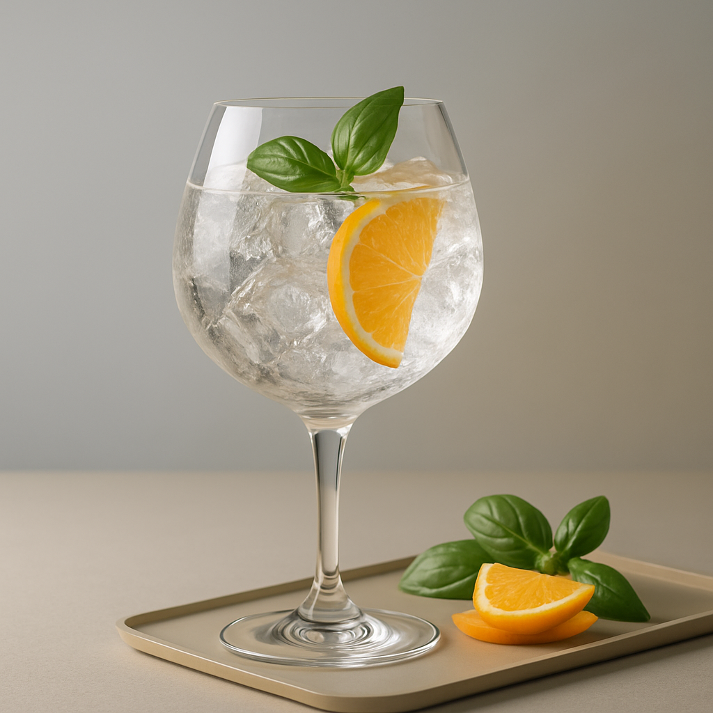 Lumeçon Le Gin Montois served with Le Tribute Tonic Water, garnished with Fresh basil leaf, gently slapped and Thin slice of orange