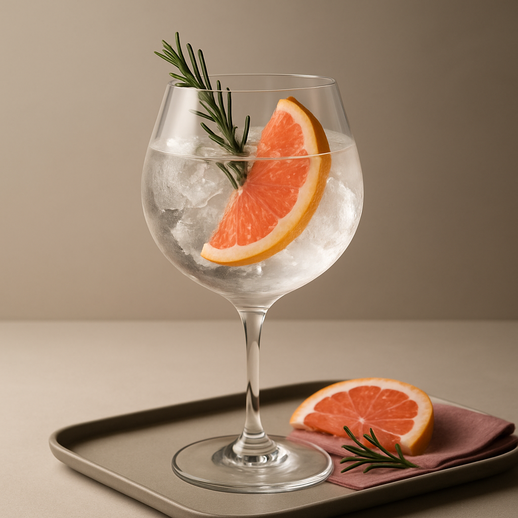 Luperia Gin servi avec Fever-Tree Mediterranean Tonic Water, agrémenté de Thin slice of fresh grapefruit et Lightly singed rosemary sprig