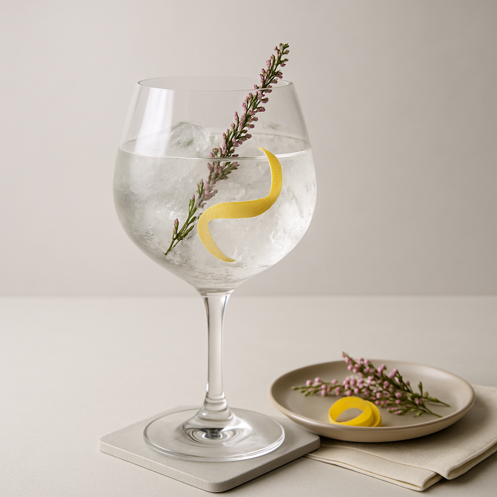 LYNG Norwegian Botanical Gin served with Fever-Tree Elderflower Tonic Water, garnished with Fresh heather sprig and Lemon peel twist