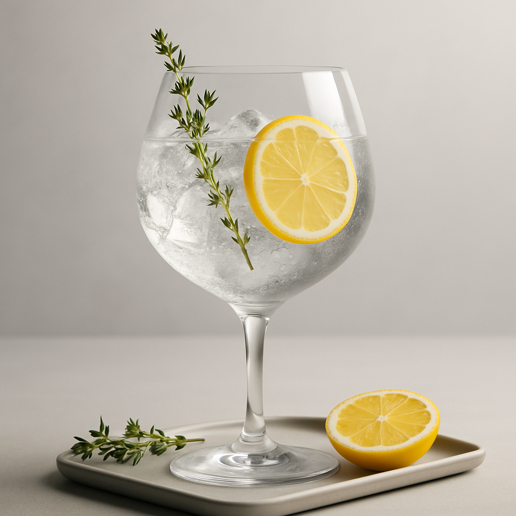 Mad Owl Gin served with Fever-Tree Indian Tonic Water, garnished with Fresh thyme sprig and Lemon wheel