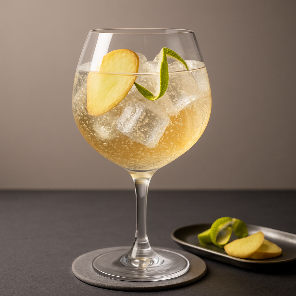 Maredsous Invictus servi avec Fever-Tree Ginger Ale, agrémenté de thin slice of fresh ginger et twist of lime peel