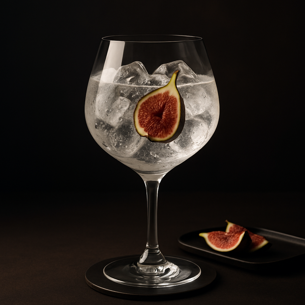 Marula Gin Limited Edition Oloroso Sherry Cask Finish served with Fever-Tree Indian Tonic Water, garnished with thin slice of fresh fig