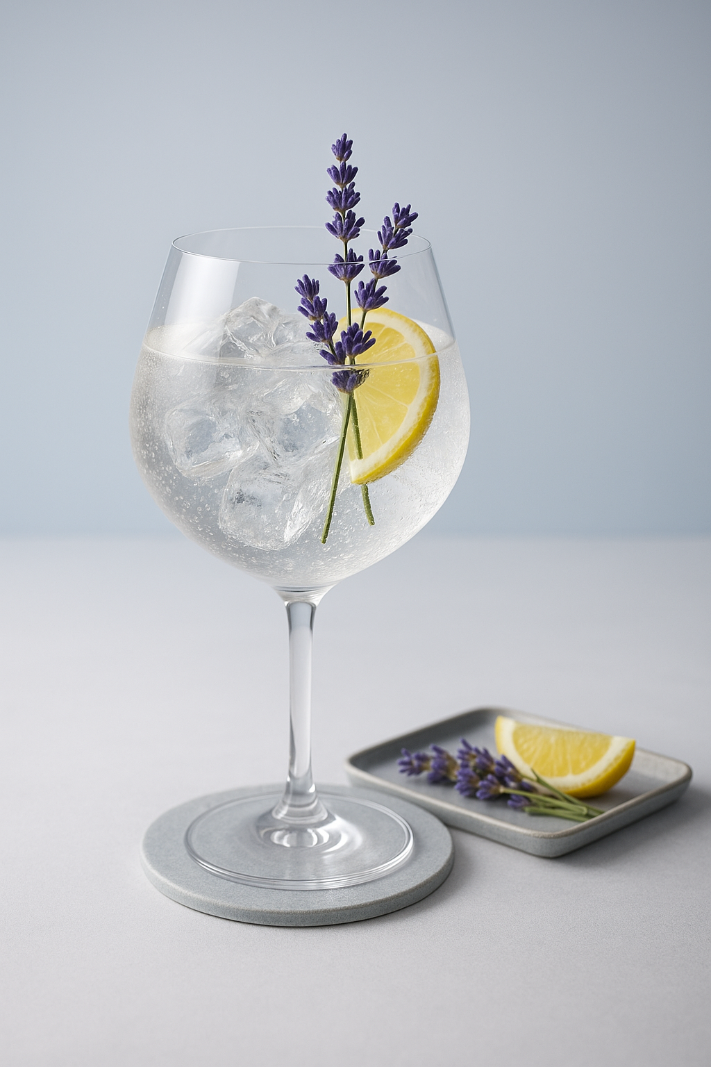 Collective Arts Lavender & Juniper Gin servi avec East Imperial Yuzu Tonic, agrémenté de Fresh Lavender et Lemon Slice