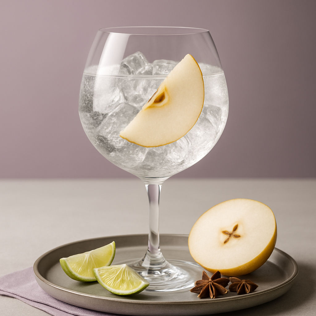Matsui Gin The Hakuto Premium servi avec East Imperial Yuzu Tonic, agrémenté de thin slice of fresh nashi pear