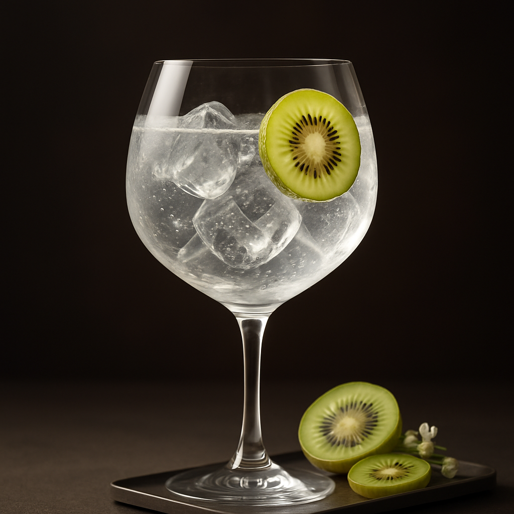 Meyer's Gin Silver served with Fentimans Valencian Orange Tonic Water, garnished with Thin slice of fresh kiwi berry