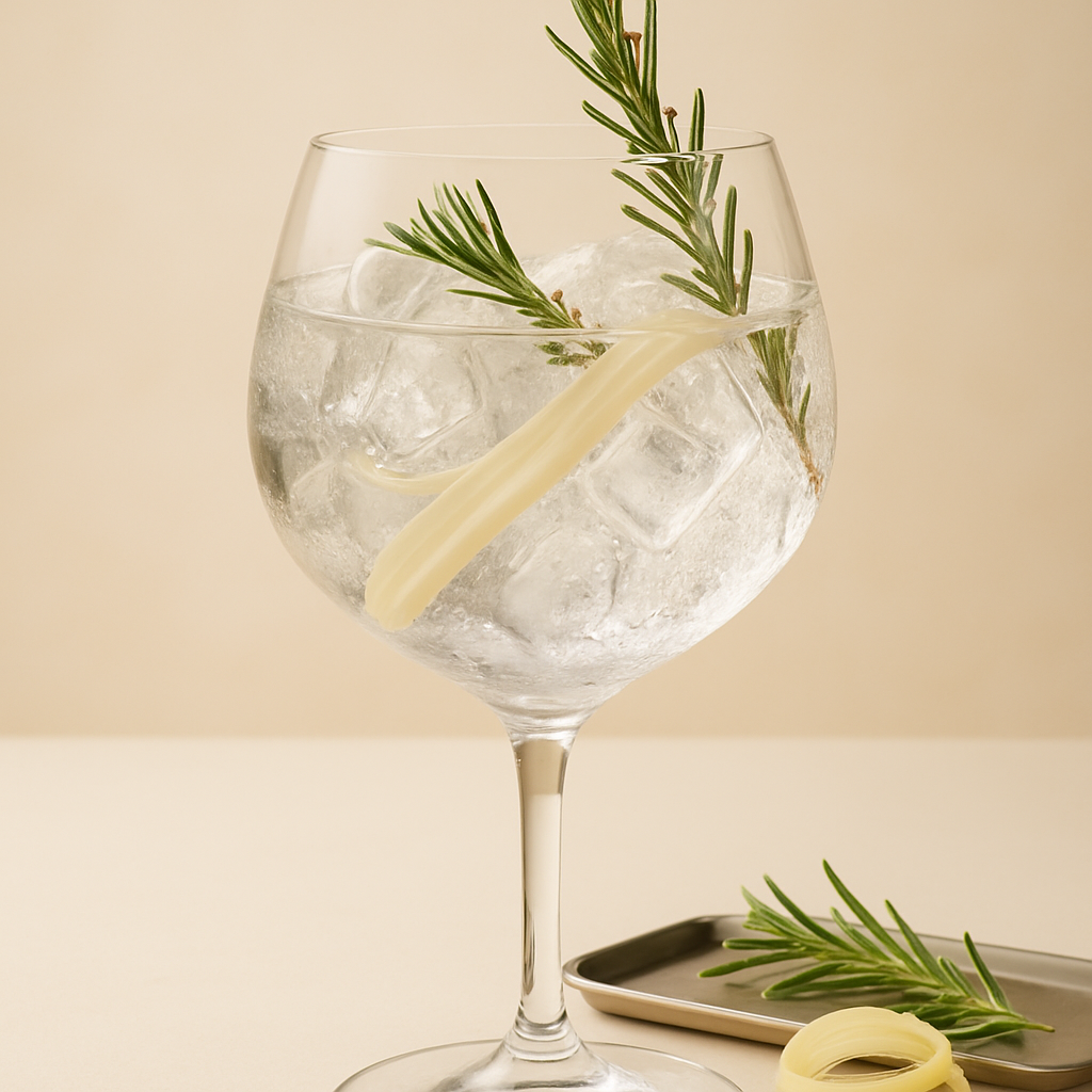 Meyer's M2 Gin servi avec Schweppes Premium Mixer Pink Pepper Tonic, agrémenté de Lightly singed rosemary sprig et Thin ribbon of white asparagus