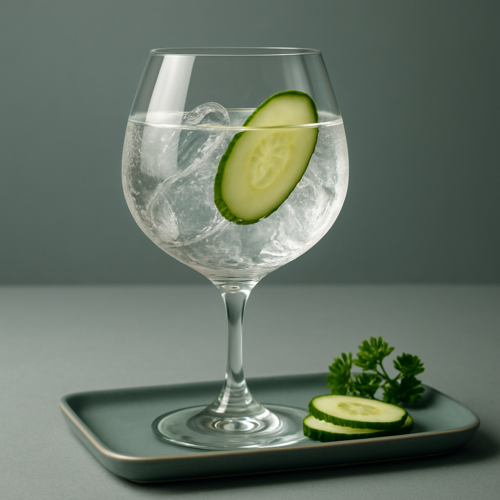 Mikrogorzelnia Gin z Polskich Botaników served with Thomas Henry Elderflower Tonic, garnished with thin slice of fresh cucumber