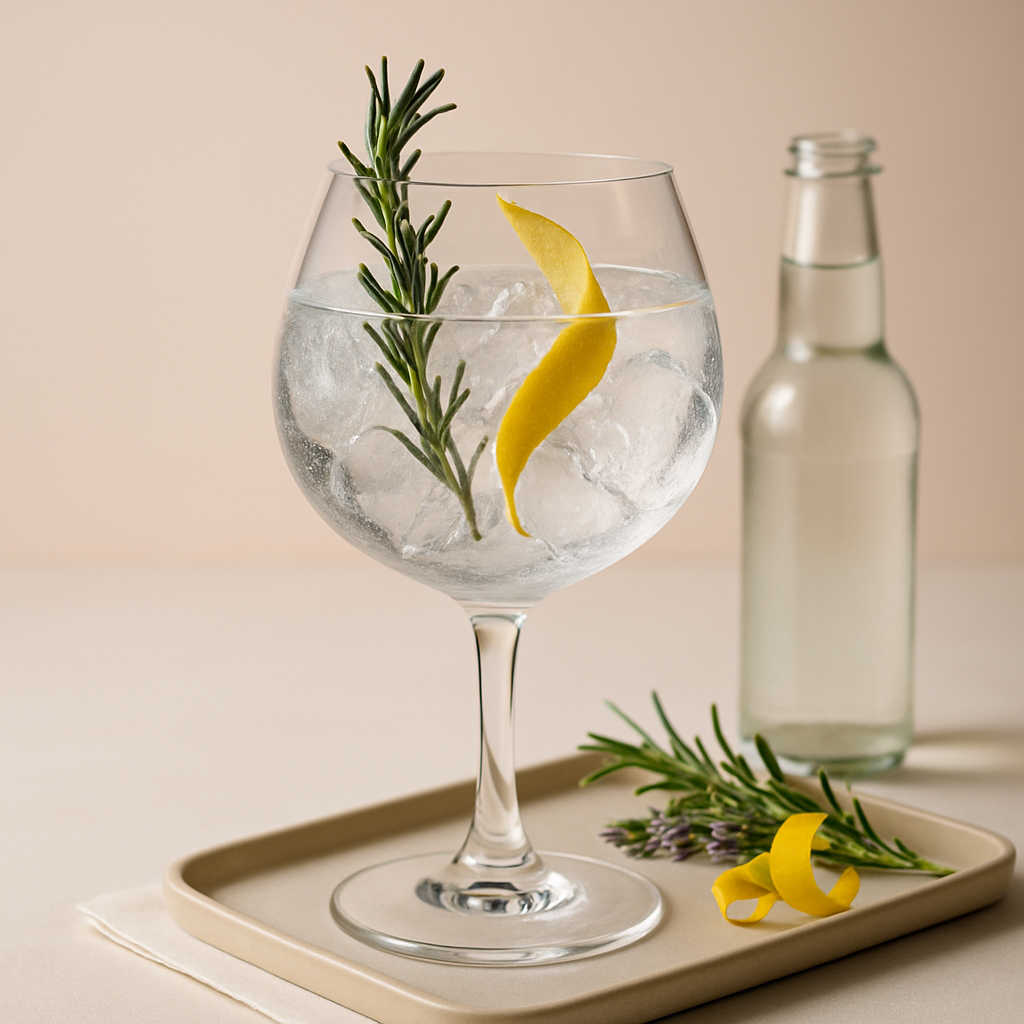 Mirabeau Dry Rosé Gin served with Fever-Tree Mediterranean Tonic Water, garnished with Lightly singed rosemary sprig and Thin slice of lemon peel