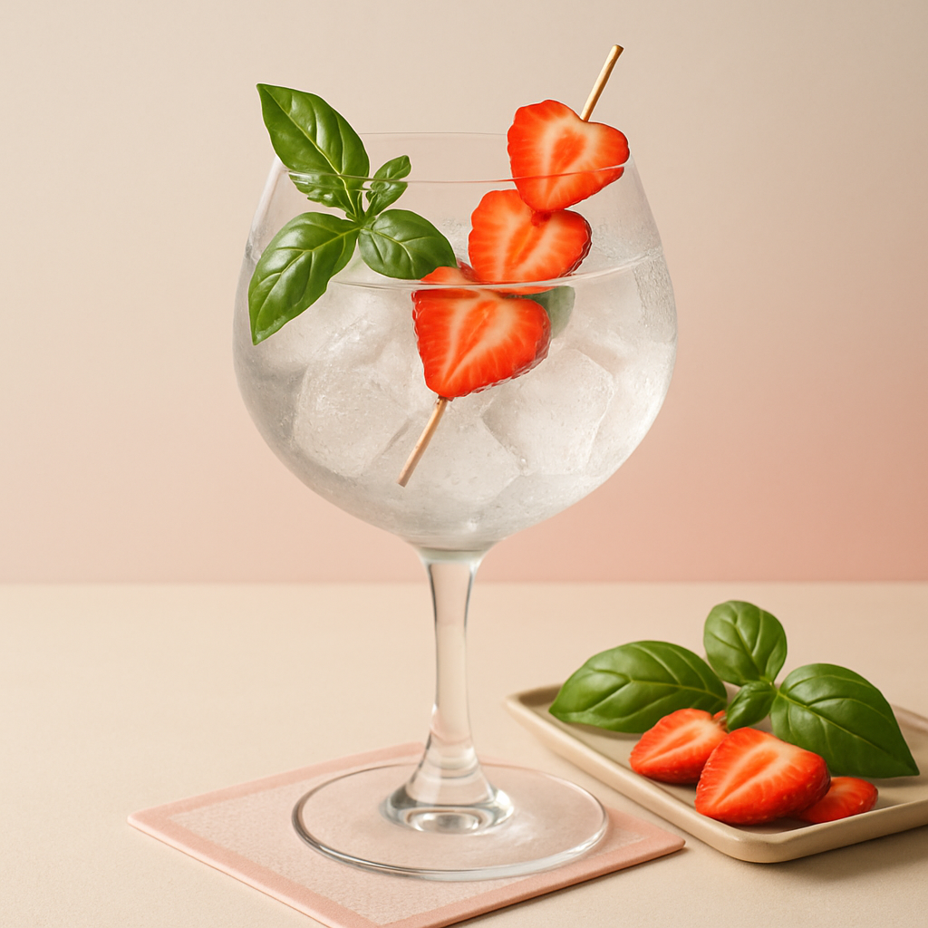 MOM Love Gin served with Fentimans Pink Grapefruit Tonic Water, garnished with Skewer of fresh strawberry slices and Lightly bruised basil sprig