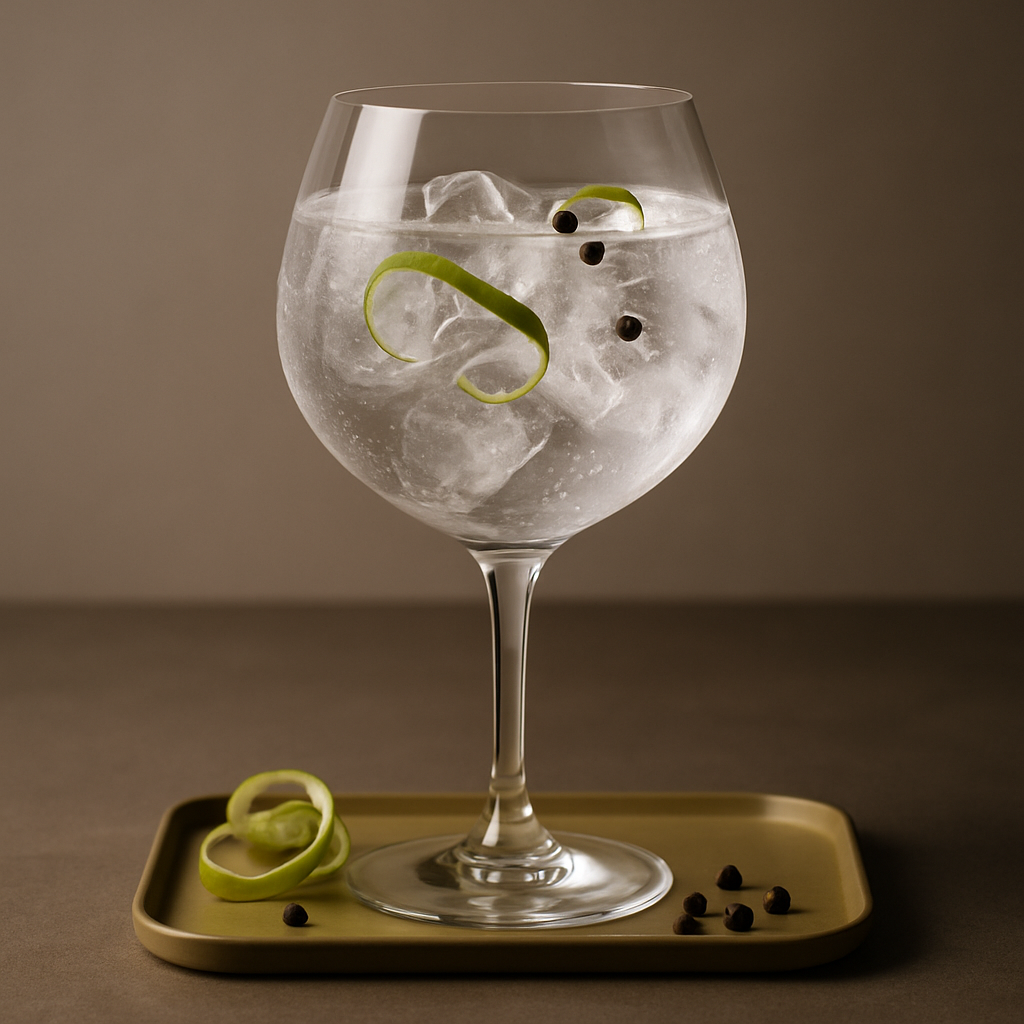 Mom Rocks Gin served with Fentimans Premium Indian Tonic Water, garnished with lime twist and whole black peppercorns