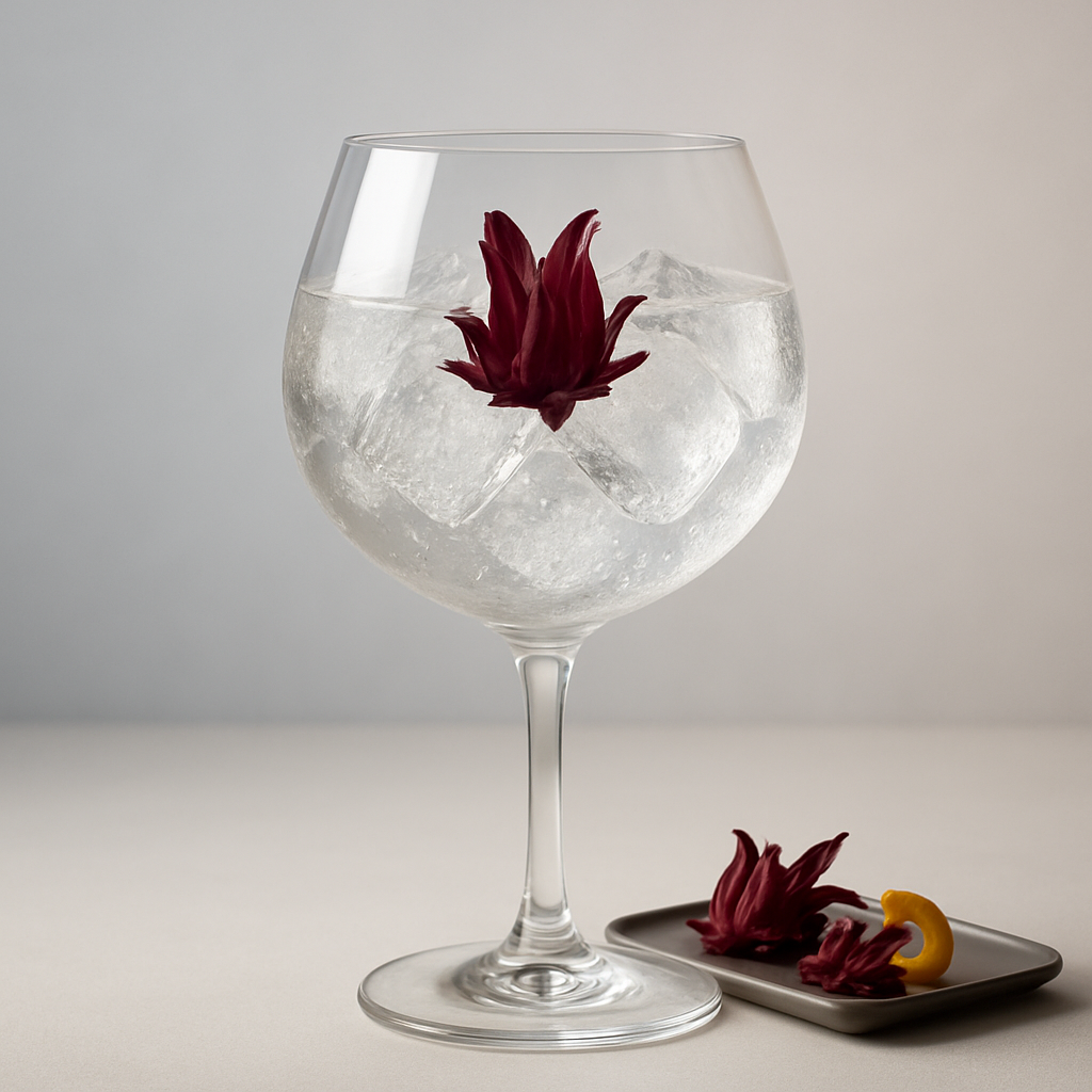 Naud Gin served with Fentimans Valencian Orange Tonic Water, garnished with Edible hibiscus flower