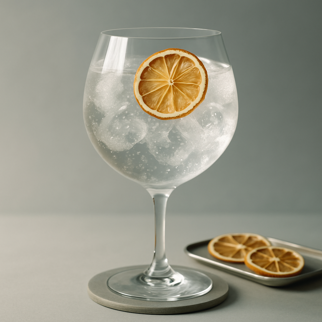 Nine Sisters Ocean Gin served with Fever-Tree Refreshingly Light Indian Tonic Water, garnished with thin slice of dehydrated lemon