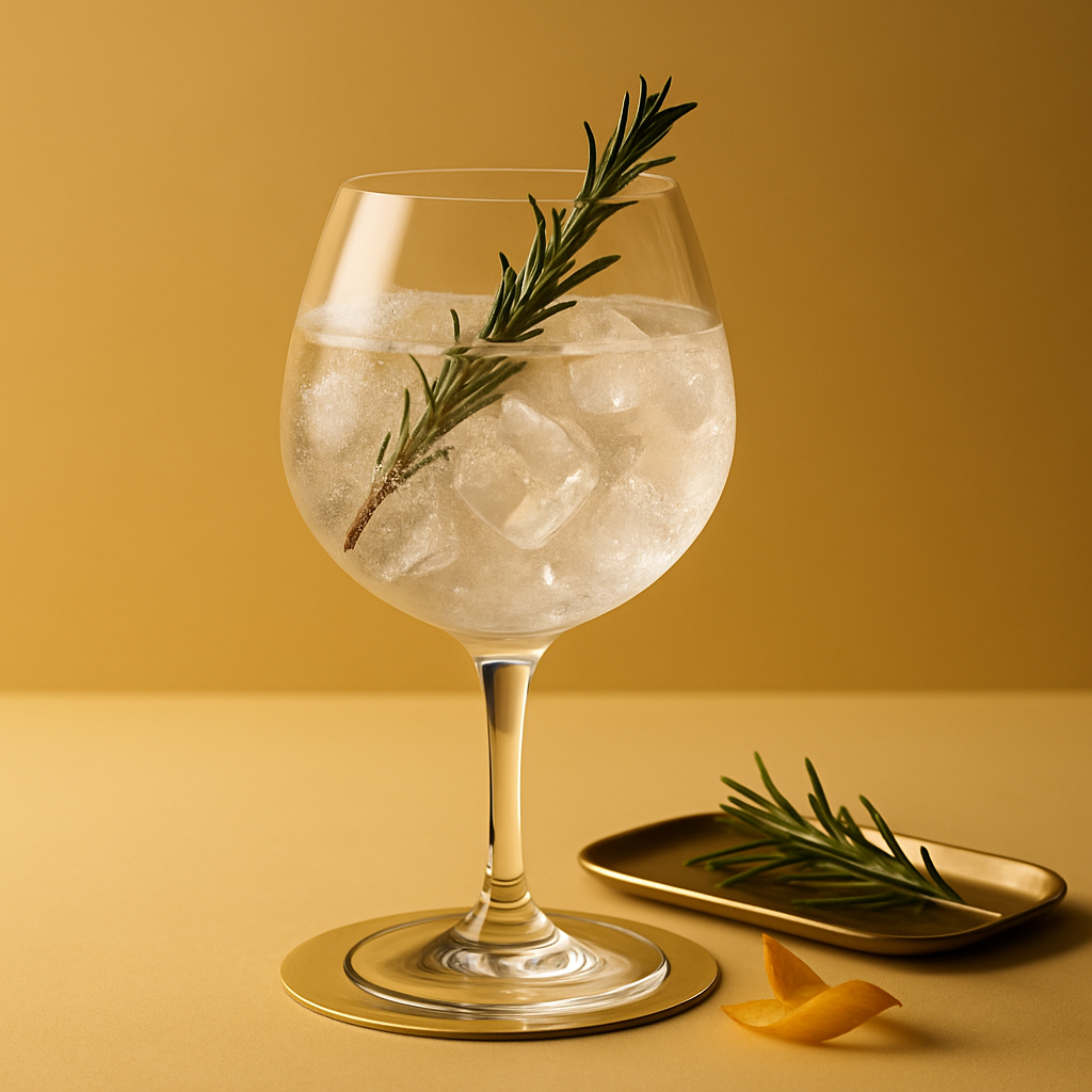 NOG! No Ordinary Gin servi avec Thomas Henry Botanical Tonic, agrémenté de lightly singed rosemary sprig