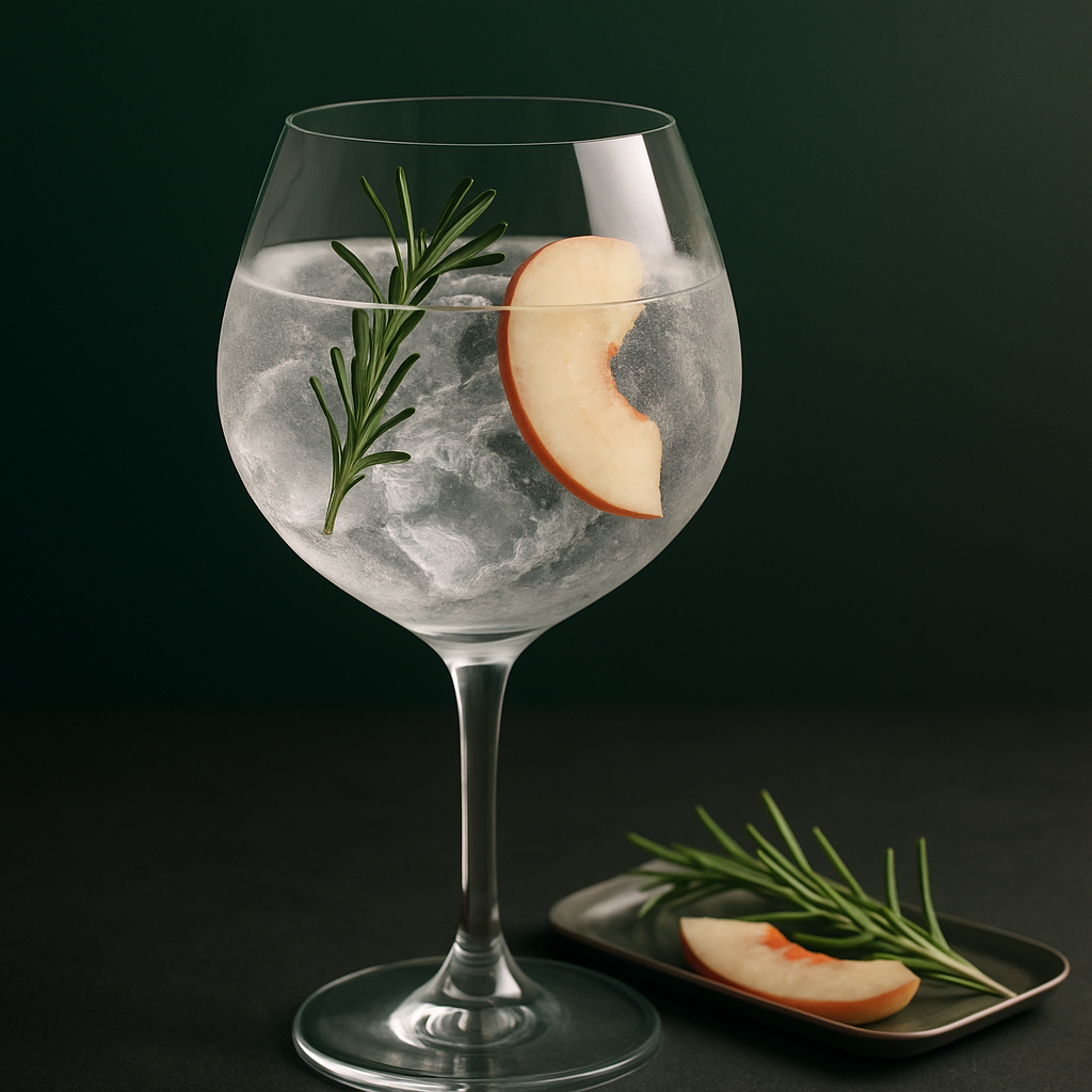 Nolet's Silver Gin served with Fever-Tree Mediterranean Tonic Water, garnished with thin slice of fresh white peach and lightly bruised rosemary sprig
