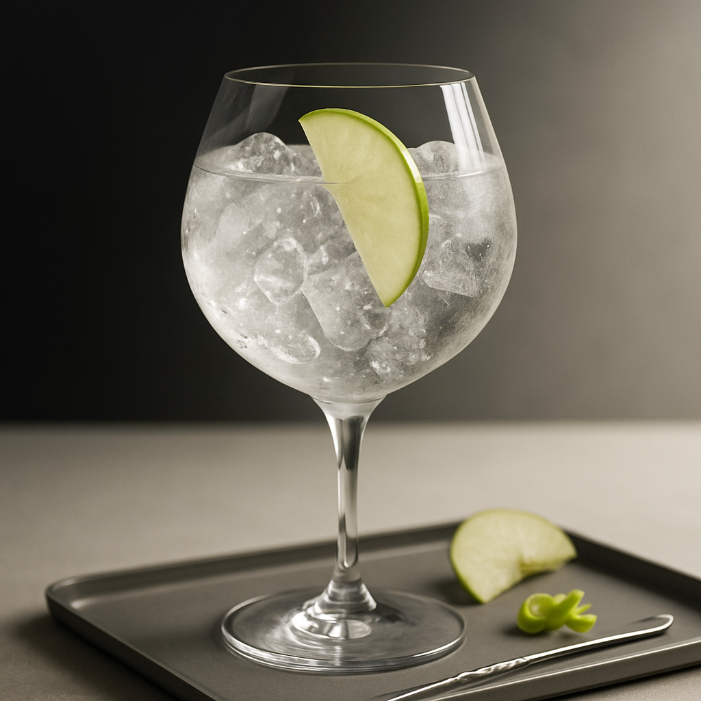 Normindia served with 1724 Tonic Water, garnished with thin slice of green apple