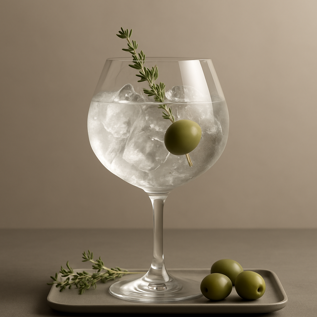 O'live Gin The Original servi avec Fever-Tree Mediterranean Tonic Water, agrémenté de Fresh thyme sprig et Green olive