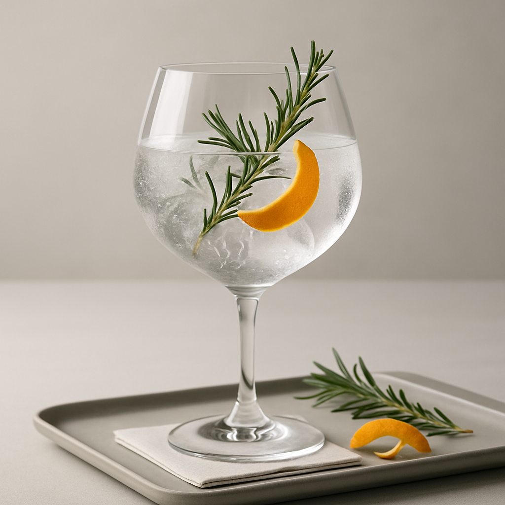 Okavango Gin served with Barker & Quin Light at Heart Tonic Water, garnished with Fresh rosemary sprig, gently bruised and Thin slice of orange peel