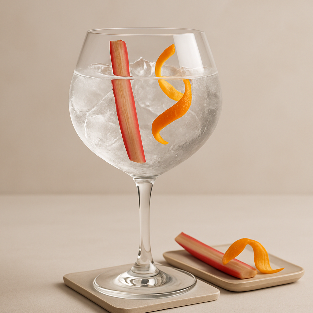 Orkney Rhubarb Old Tom Gin served with Fentimans Valencian Orange Tonic Water, garnished with thin slice of fresh rhubarb and twist of orange peel