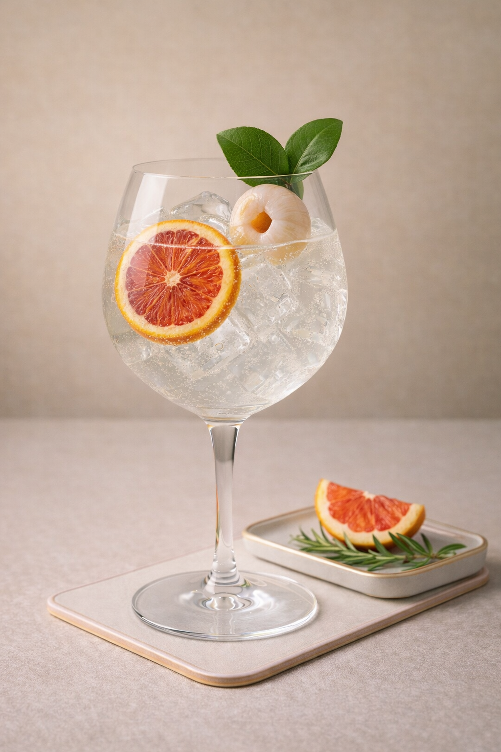 Panda Gin Limited Edition 2024 served with Thomas Henry Naturally Light Tonic Water, garnished with Fresh lychee and Blood orange wheel