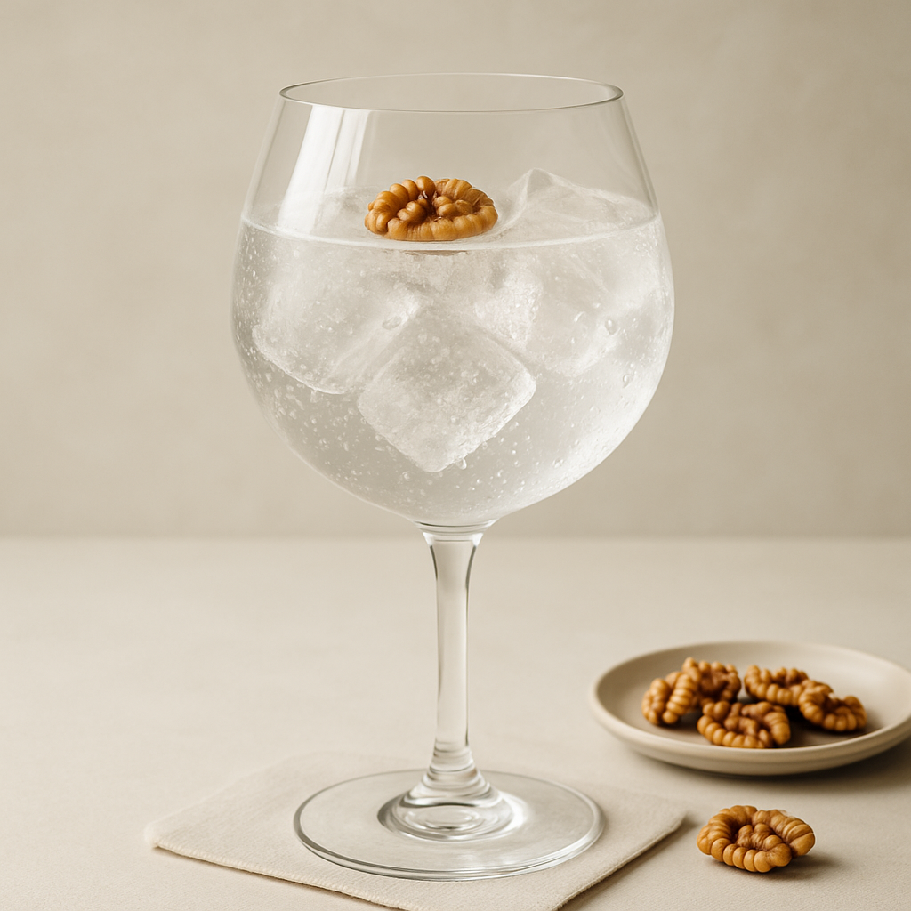 Olifant Jonge Graanjevever servi avec Sanpellegrino Tonica Oakwood, agrémenté de lightly toasted walnut half