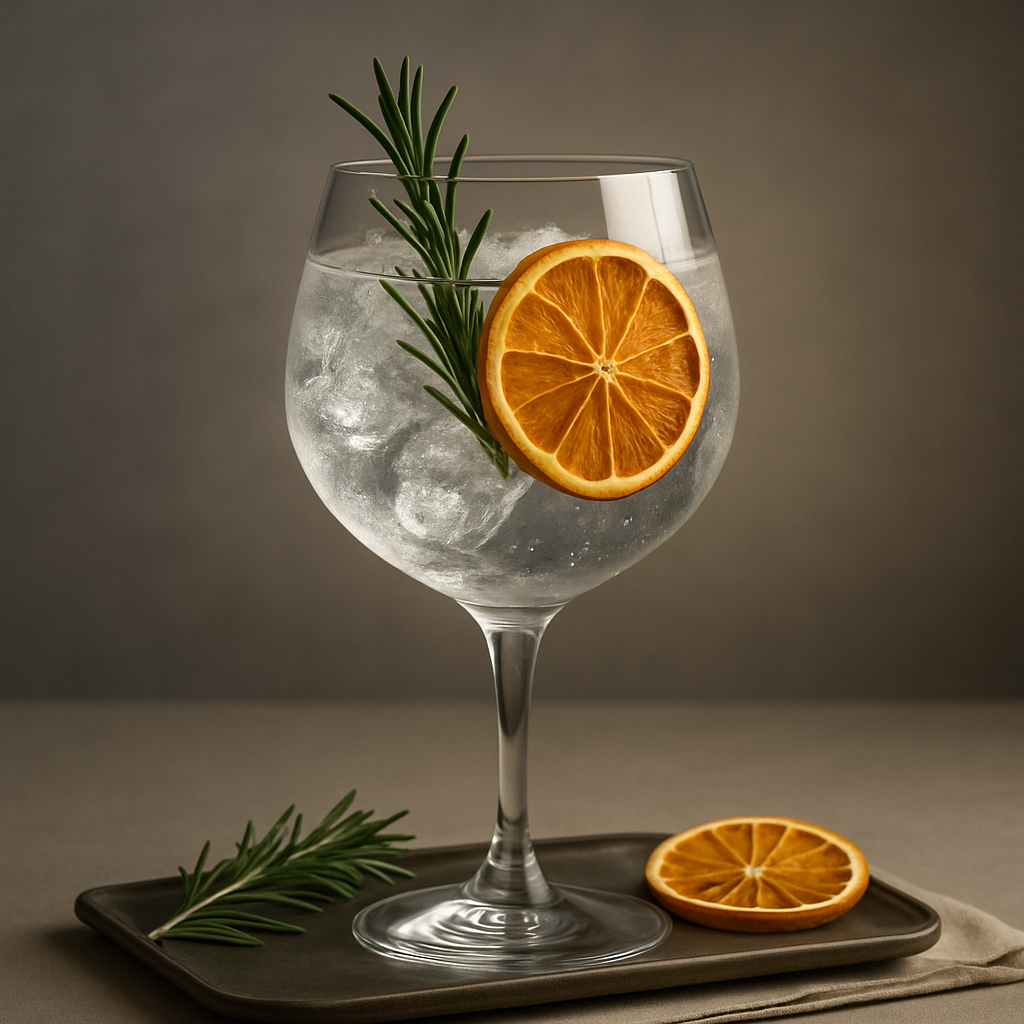 OXXiTAN Littoral served with Le Tribute Tonic Water, garnished with thin slice of dehydrated orange and sprig of fresh rosemary