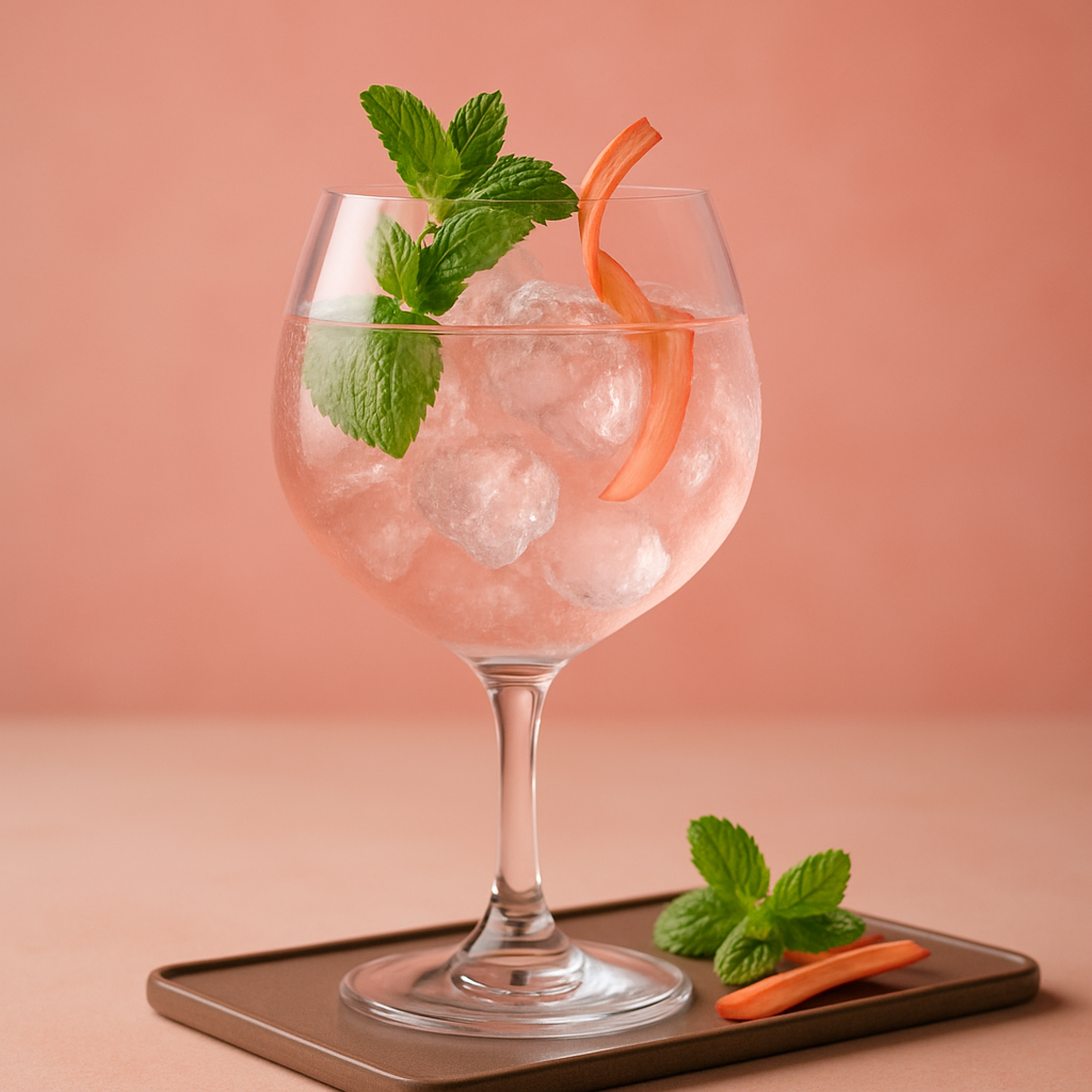 Pink Forest Gin served with Fentimans Pink Grapefruit Tonic Water, garnished with Thin slice of fresh rhubarb, gently twisted and Sprig of mint