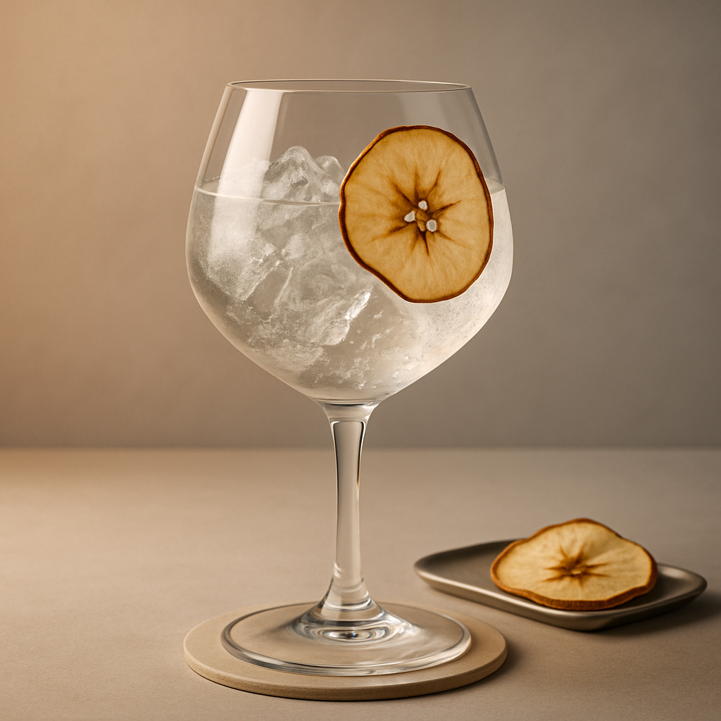 Pink Lady Apple Barrel Aged Gin servi avec Fever-Tree Ginger Ale, agrémenté de thin slice of dehydrated apple