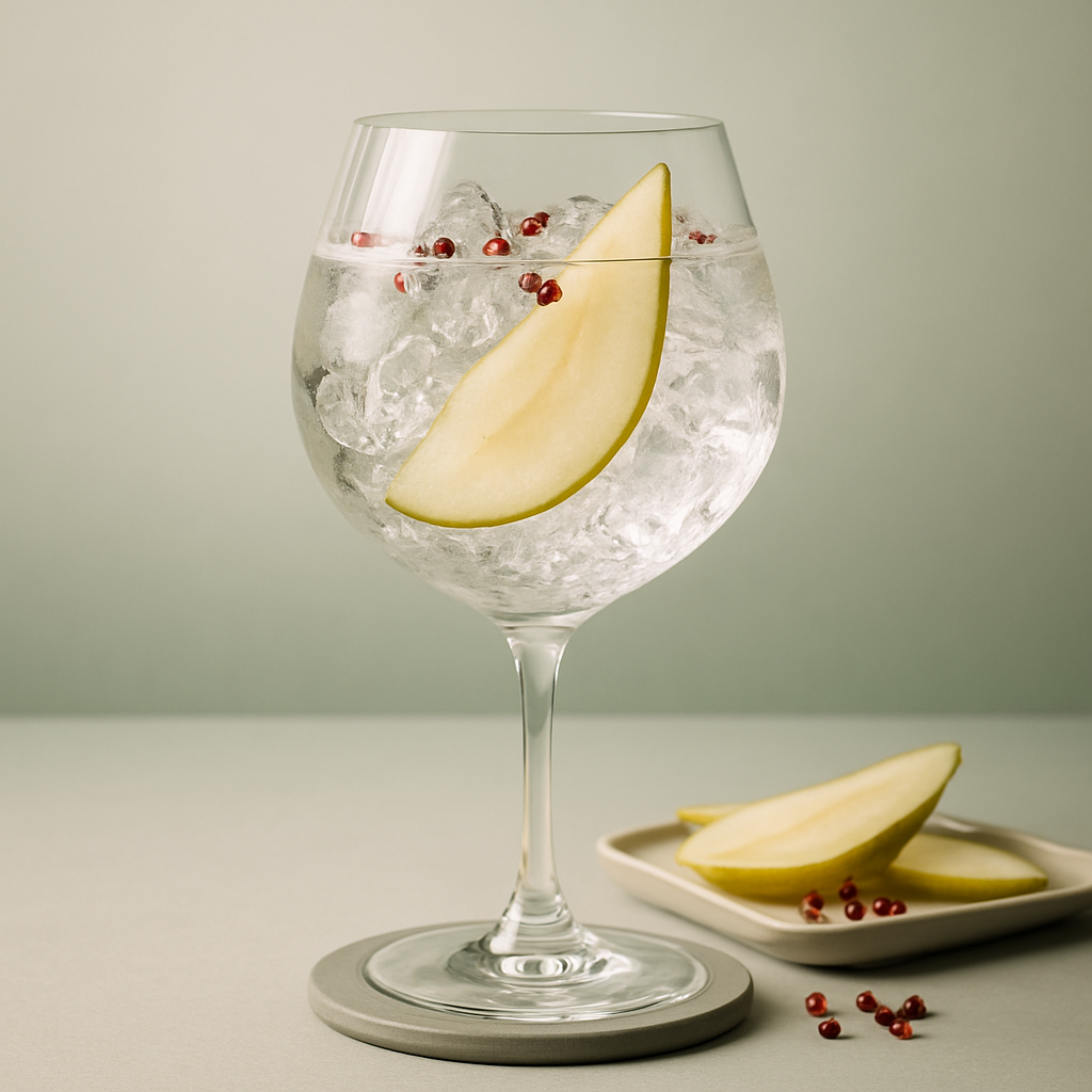 Poire Poivree Gin served with Thomas Henry Botanical Tonic, garnished with Thin slice of fresh pear and Crushed pink peppercorns