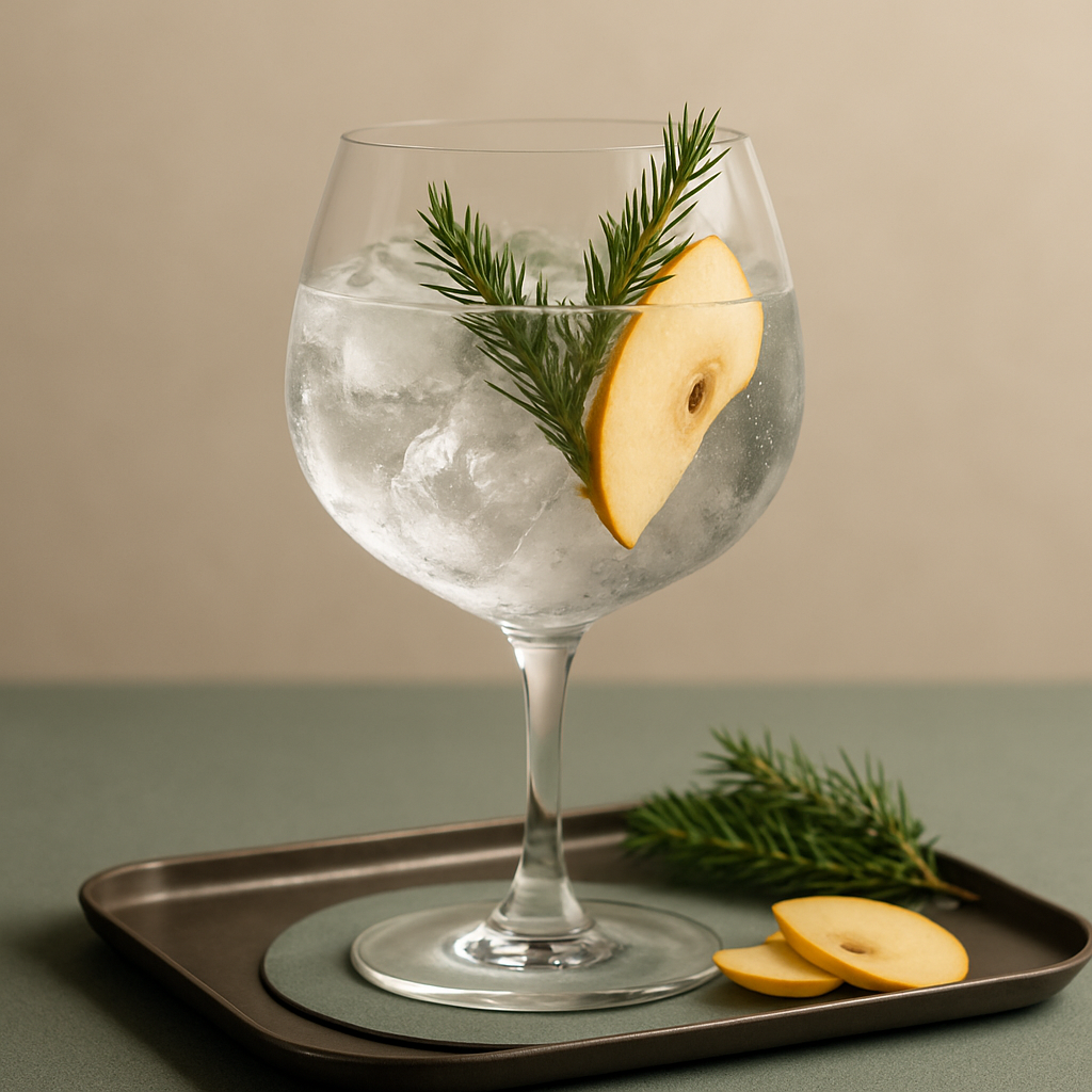 Polish Forest Gin served with Thomas Henry Tonic Water, garnished with Fresh pine sprig, lightly bruised and Thin slice of quince