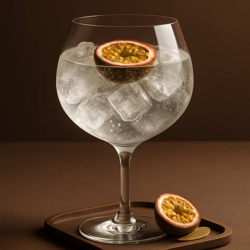 Rascal Gin served with StrangeLove Tonic No.8, garnished with thin slice of passion fruit