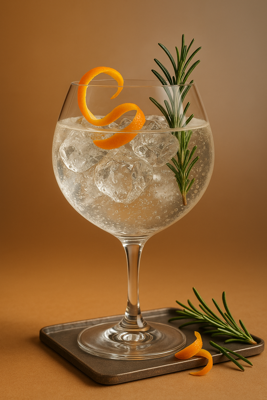 Harahorn Cask Aged Gin servi avec East Imperial Grapefruit Tonic, agrémenté de Orange Peel et Rosemary Sprig