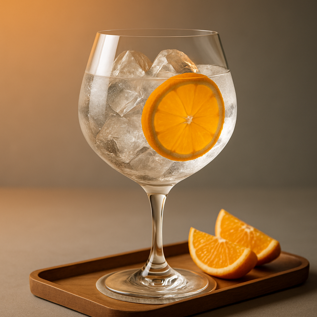 Gabriel Boudier Saffron Gin served with Thomas Henry Tonic Water, garnished with thin slice of orange