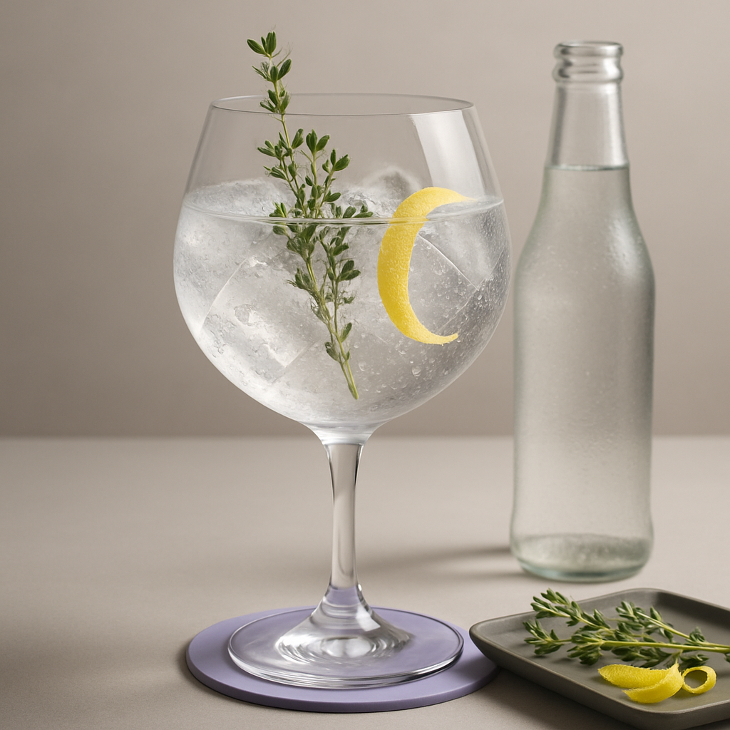 Saint Amans Gin servi avec Fever-Tree Refreshingly Light Indian Tonic Water, agrémenté de Fresh thyme sprig, lightly bruised et Thin lemon peel twist