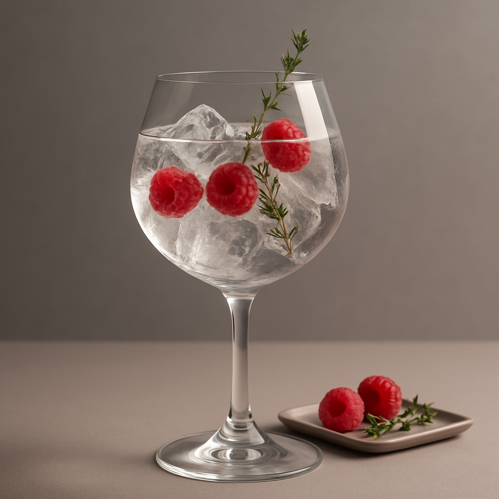 Saint Amans Rose Pink Gin served with Fever-Tree Refreshingly Light Indian Tonic Water, garnished with Fresh thyme sprig and Fresh raspberries