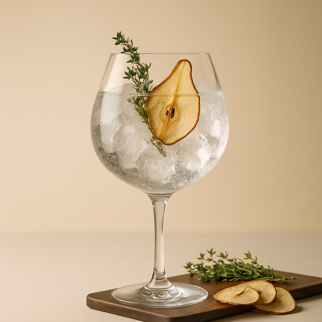 Sharish Laurinius Gin servi avec Fentimans Valencian Orange Tonic Water, agrémenté de thin slice of dehydrated pear et sprig of fresh thyme