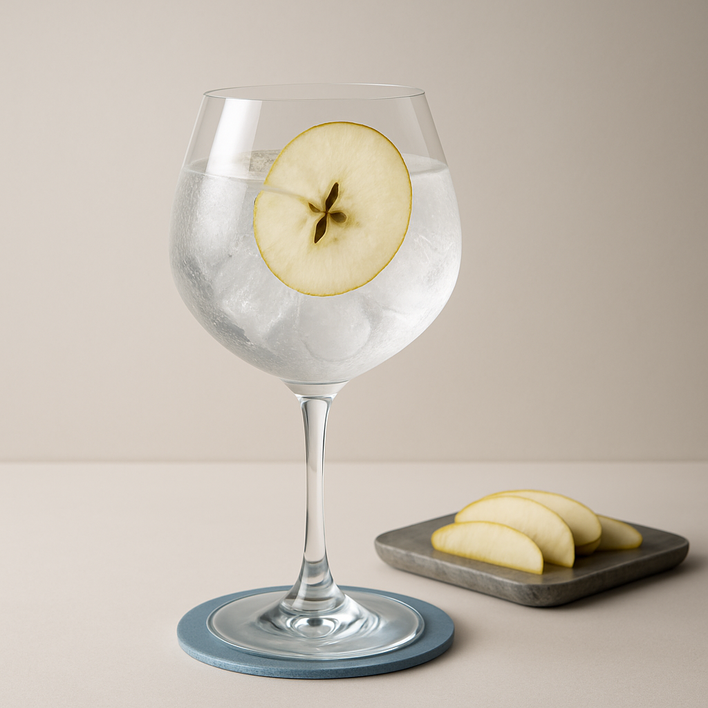 Sharish Original Gin served with Fever-Tree Mediterranean Tonic Water, garnished with Thin slice of Bravo de Esmolfe apple