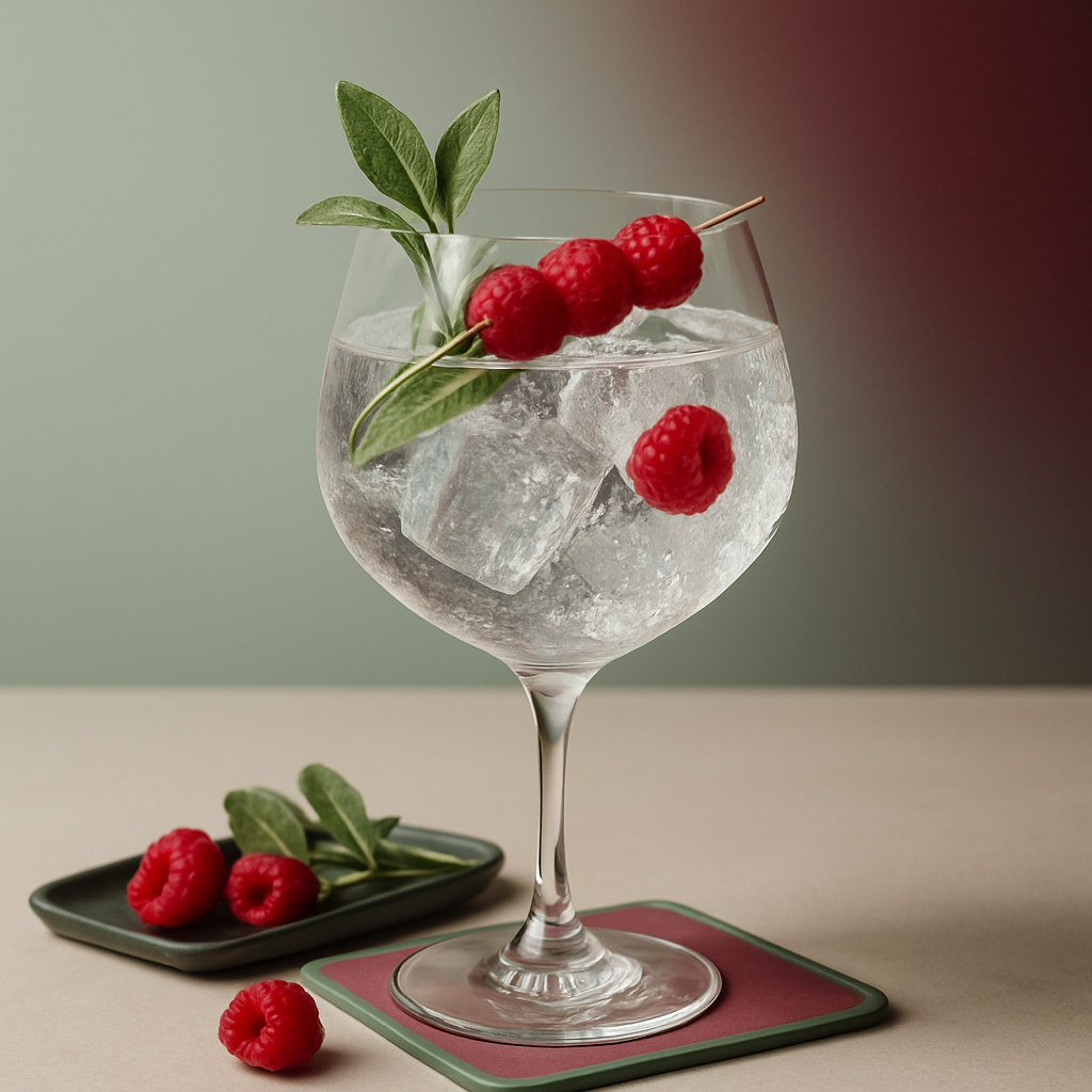 Siegfried - Easy Juicy Berry servi avec Thomas Henry Botanical Tonic, agrémenté de Skewer of fresh raspberries et Lightly bruised sage sprig