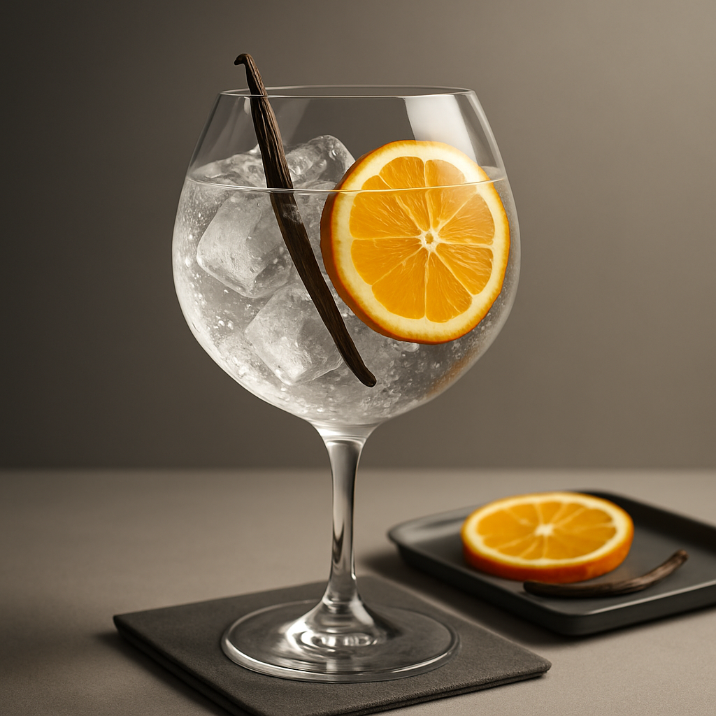 Sloane's Dry Gin served with 1724 Tonic Water, garnished with thin wheel of fresh orange and slice of vanilla bean